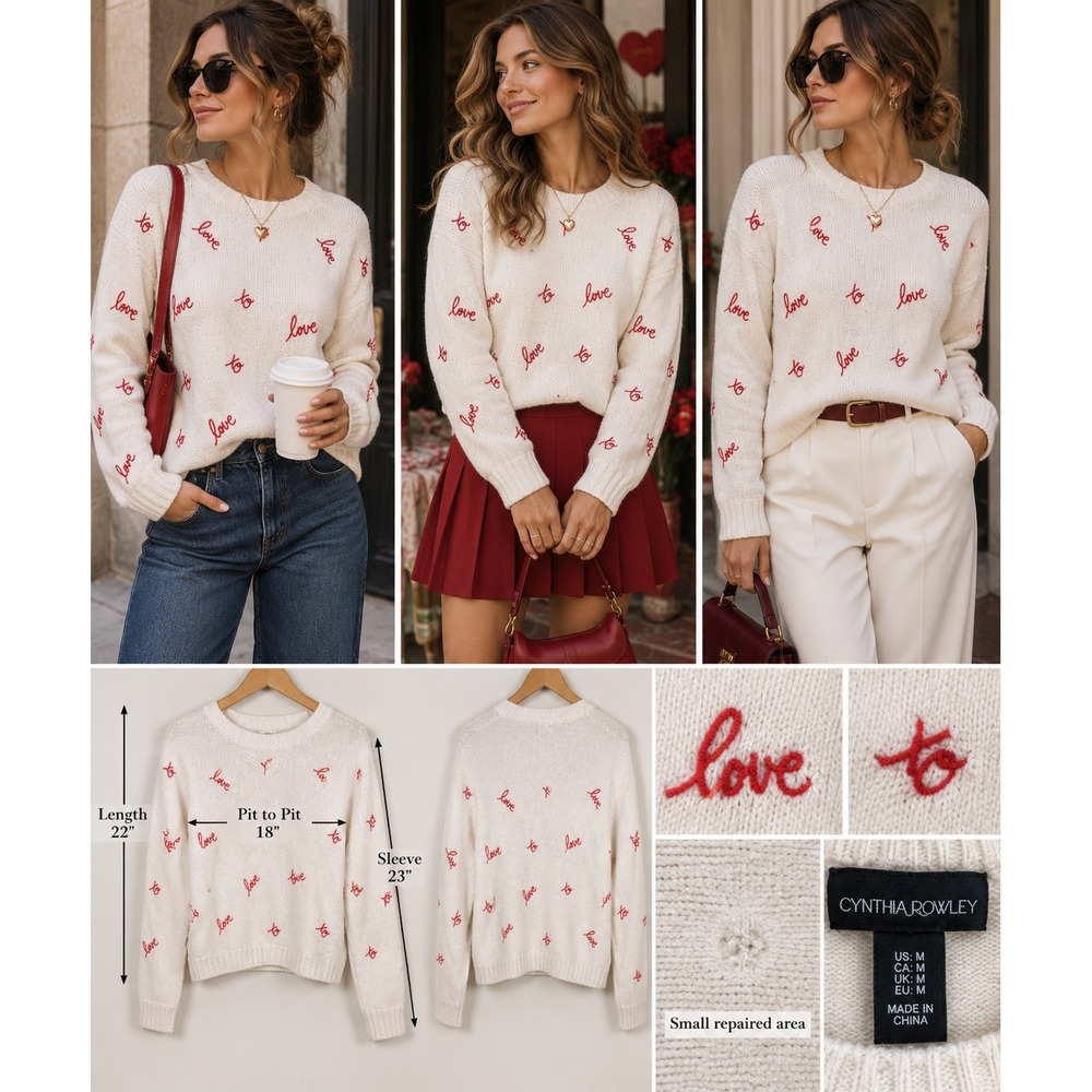Cynthia Rowley Love XO Embroidered Sweater M Cream Red Coquette Romantic Preppy